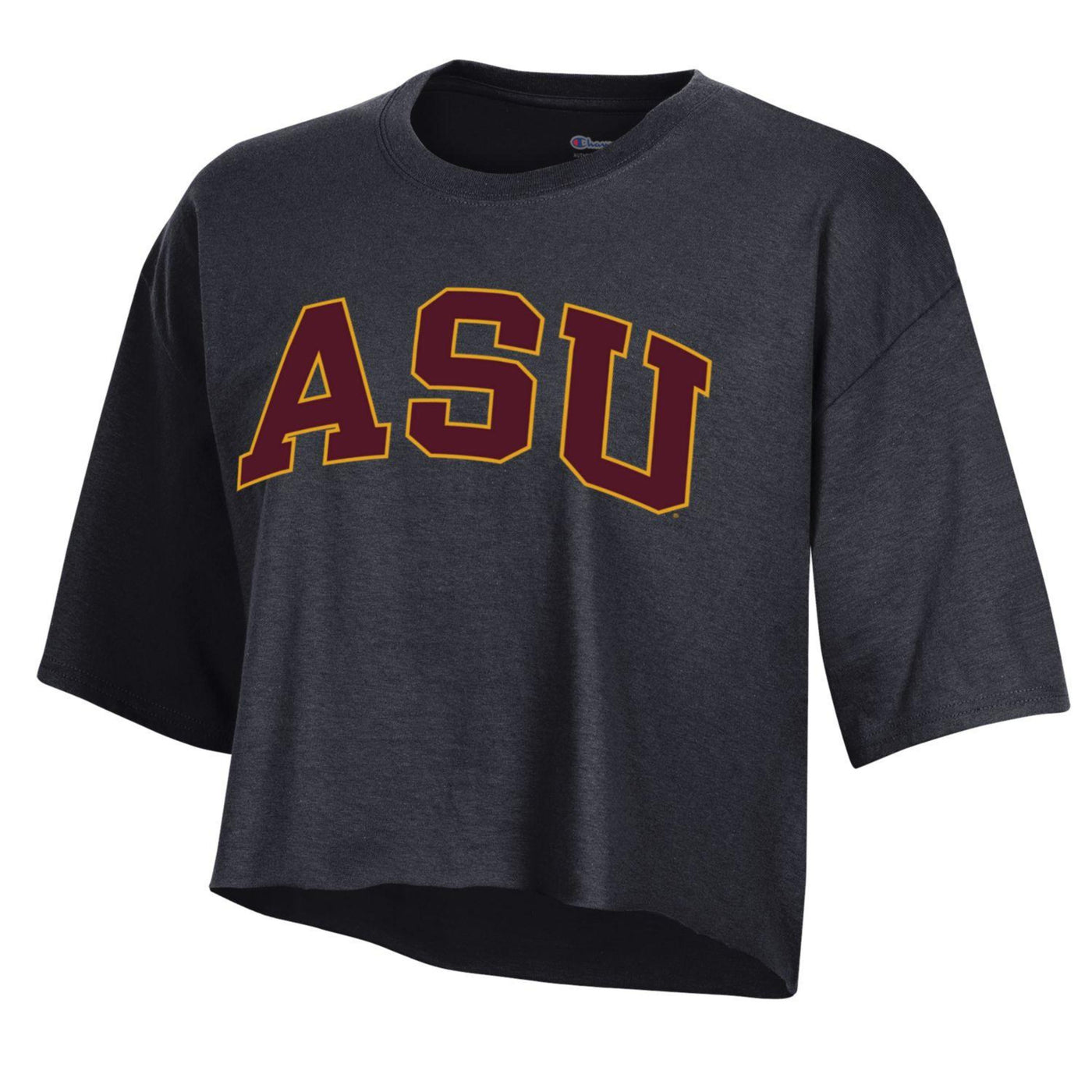 ASU black cropped tee featuring ASU in college font on the chest. ASU text is maroon with gold outline. 