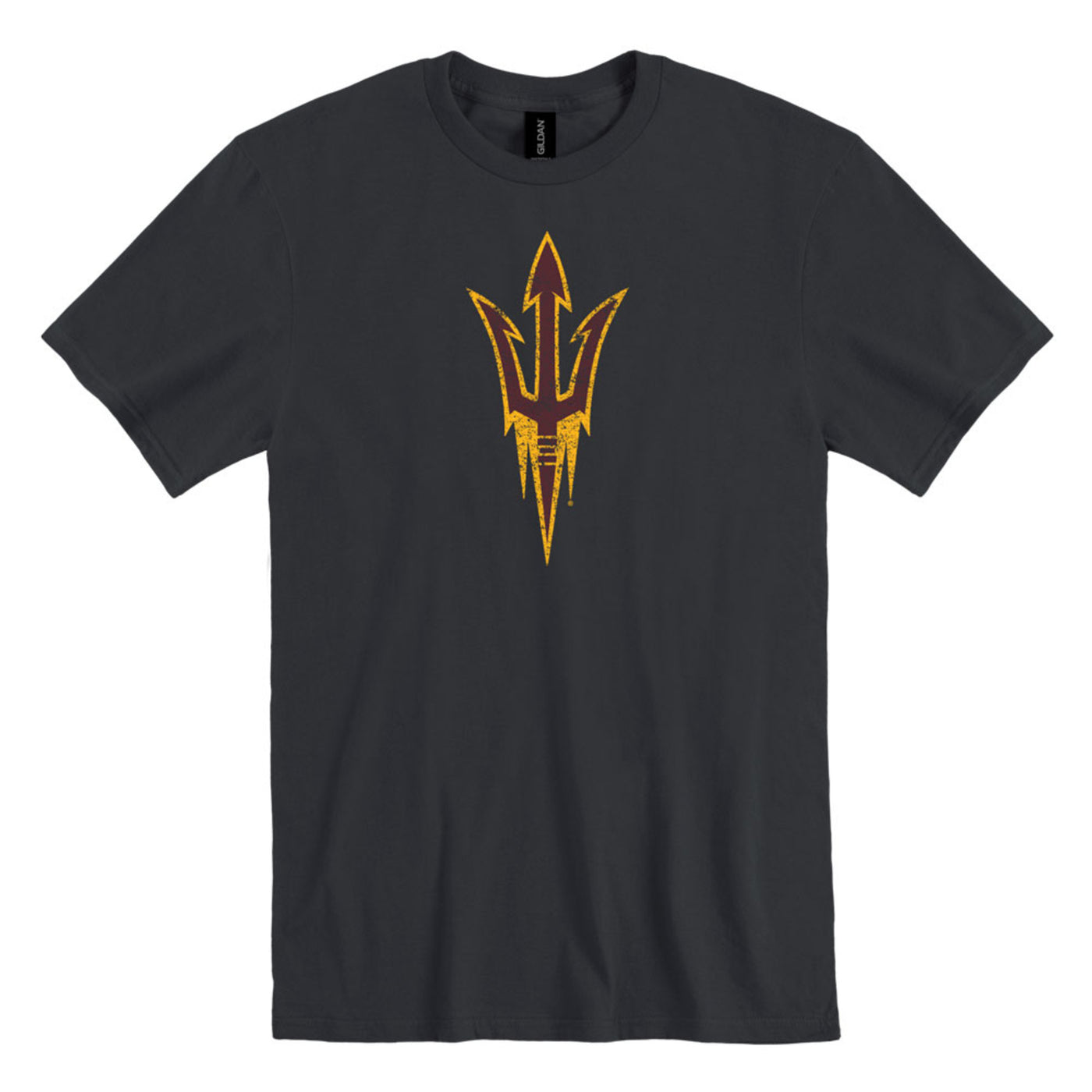 ASU black shirt with pitchfork logo in maroon outlined in gold.
