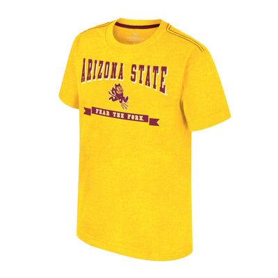 ASU gold youth tee with maroon text "Arizona State" with white outline to give a 3-D effect arched over a small sparky mascot on top of a maroon banner with the text "Fear the fork"