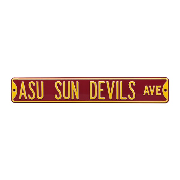 ASU maroon metal sign with 'ASU Sun Devils Ave' in gold lettering