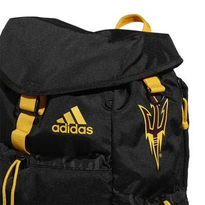 ASU backpack side view featuring a small outlined yellow pitchfork. 