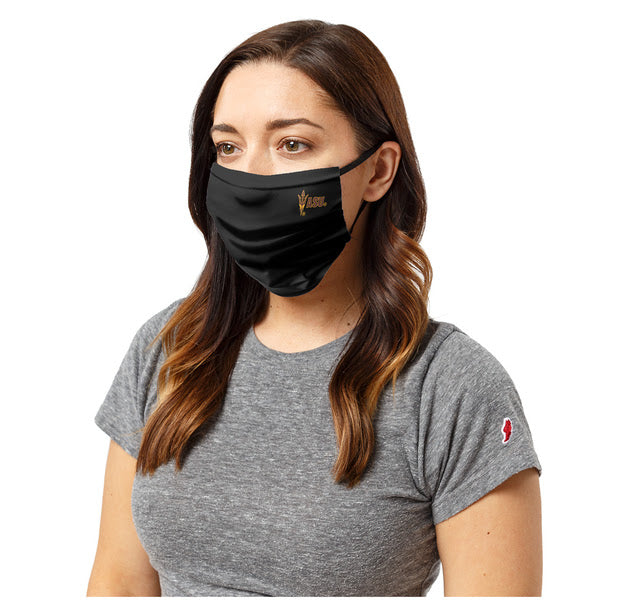 Woman wearing a black ASU mask with 'ASU