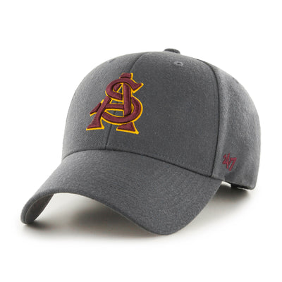 ASU charcoal colored hat with the interlocking A&S logo on the front in maroon outlined in gold.