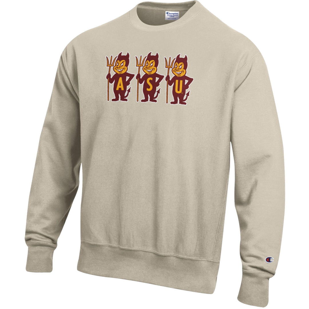 ASU oatmeal colored crew neck with three vintage sparky mascots next to eachother with the text "ASU" written along their stomachs in individual letters.