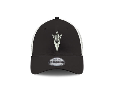 Front view of ASU black hat with white mesh back and pitchfork