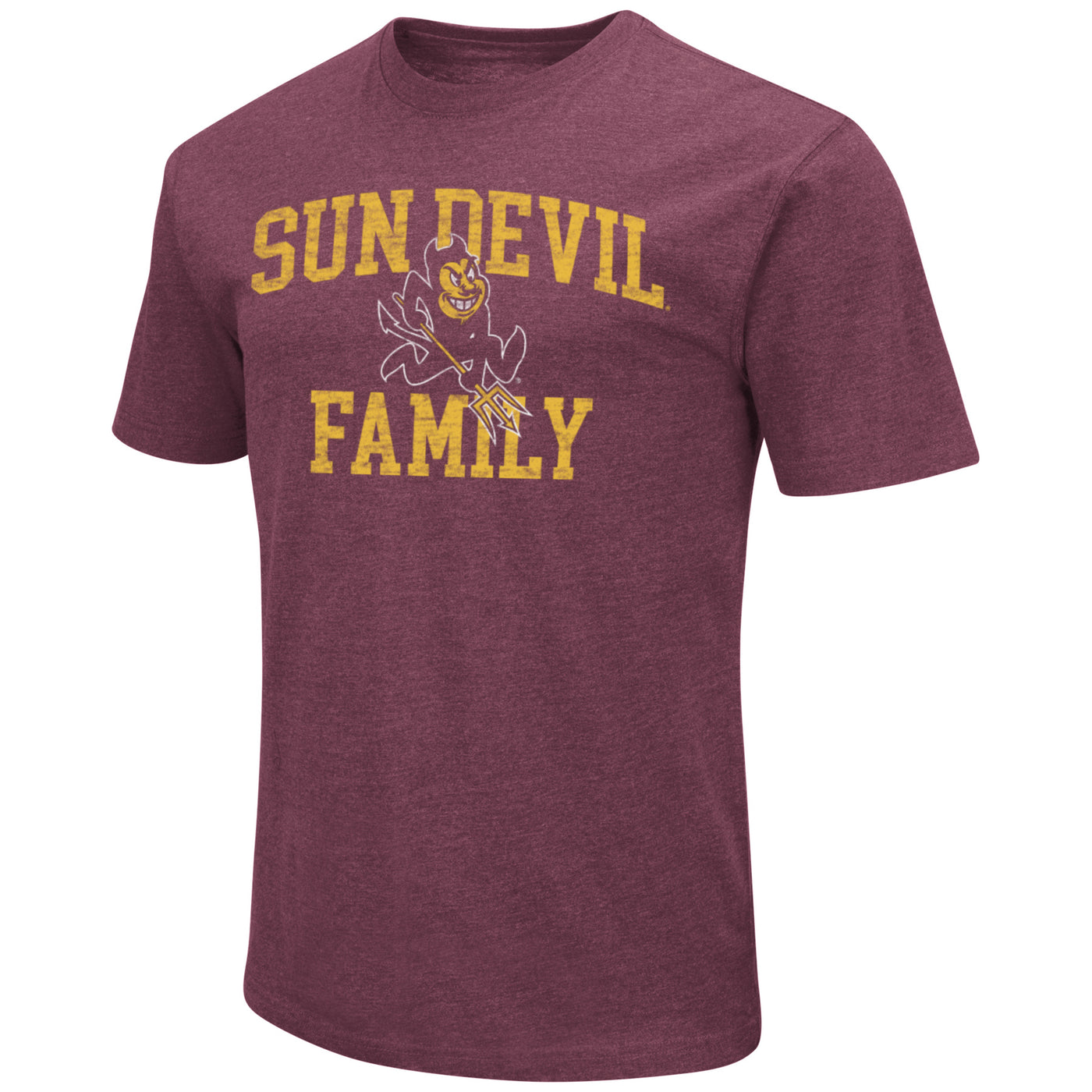 ASU maroon tee with 'Sun Devil Family' lettering around Sparky print