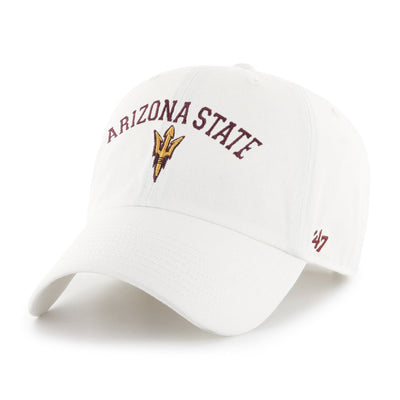 ASU white baseball hat with maroon "Arizona State" text arched over an embroidered maroon and gold pitchfork logo. 