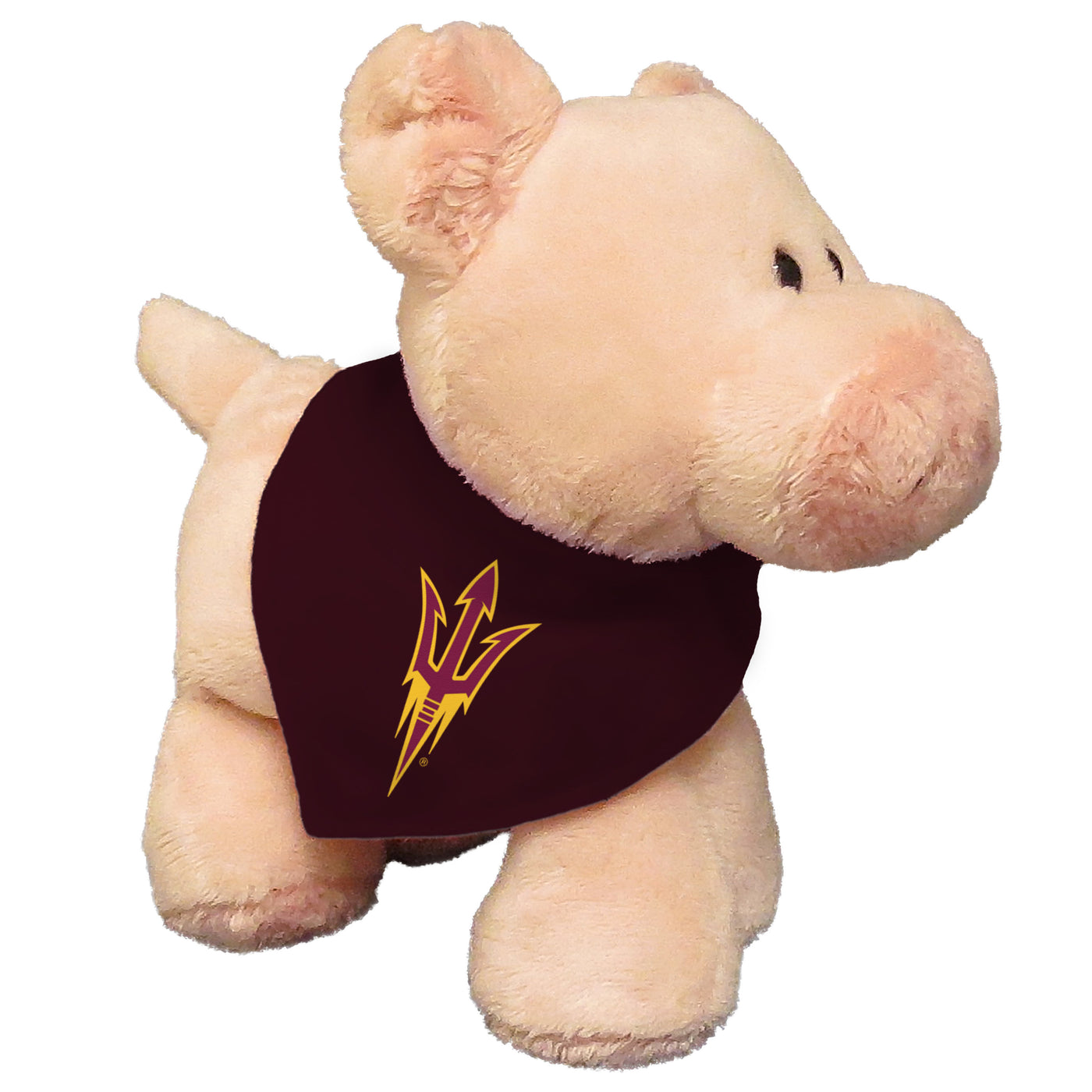 ASU stuffed pink pig wearing a maroon bandanna around its neck that features the pitchfork logo