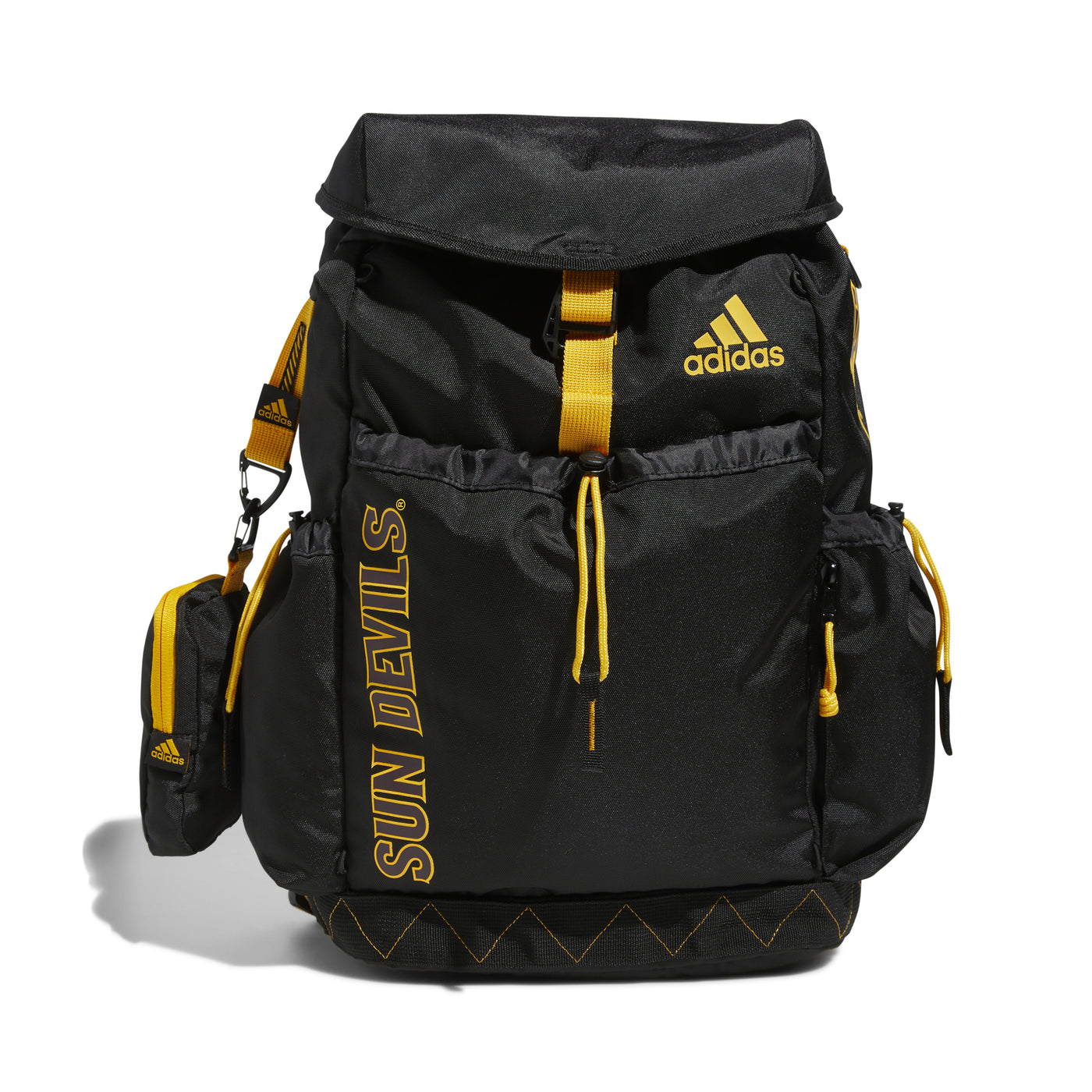ASU Black backpack with yellow accents on the zipper-cords, straps, stitching. The Adidas logo and text are also in yellow. Sundevils is also outlined in yellow on the side side of the front pocket. 