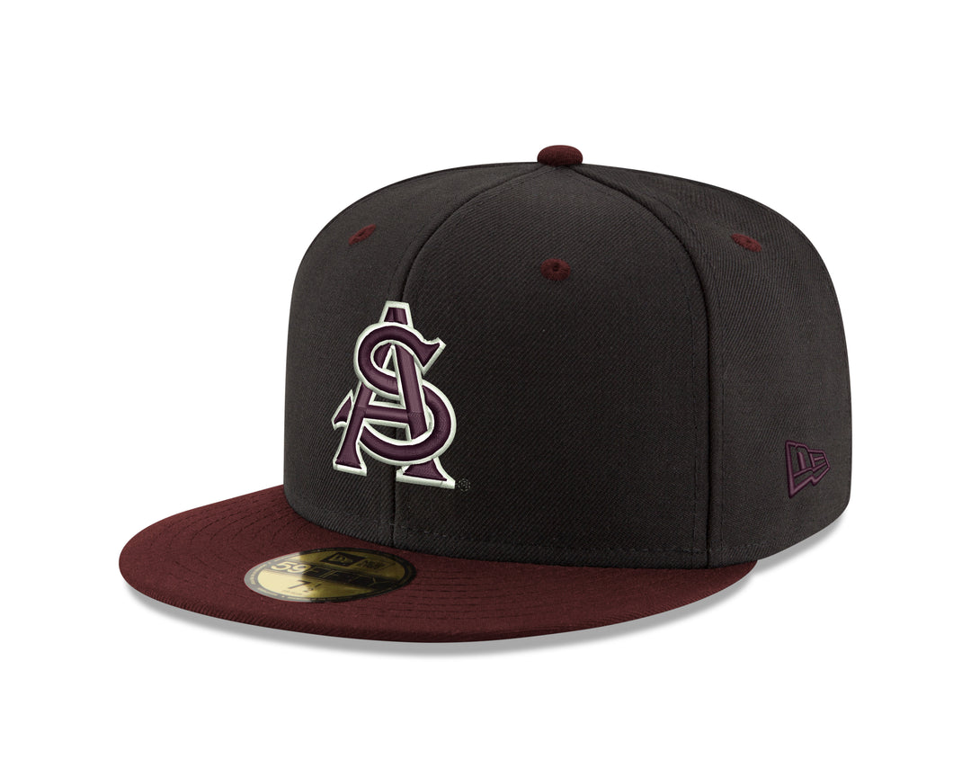 Side view of New Era black and maroon hat with interlocking 'A' and 'S'