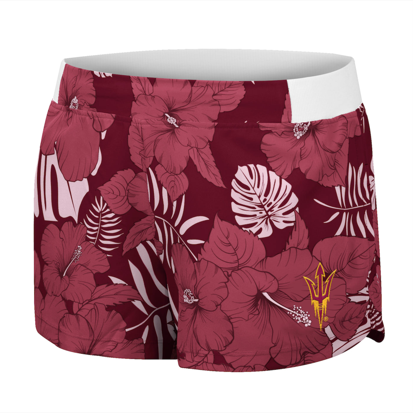 ASU Maroon women's shorts with tropical patter, white waistband, and pitchfork on left pant leg