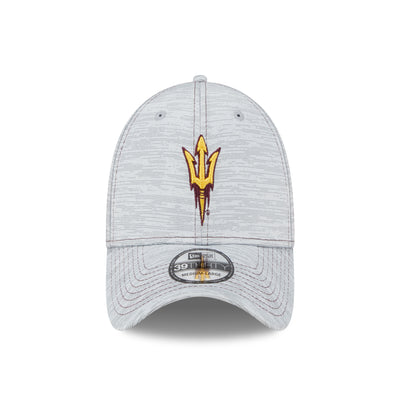 ASU grey heathered hat with embroidered maroon and gold pitchfork logo