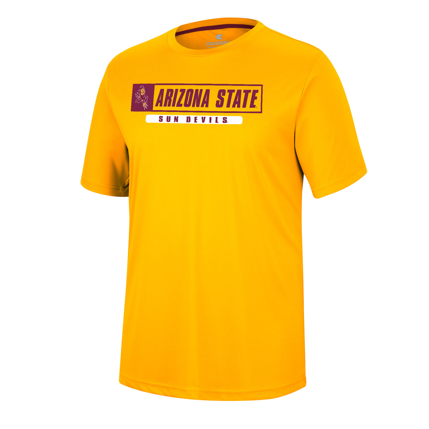 ASU gold athletic tee with Sparky next to 'Arizona State' above 'Sun Devils' lettering