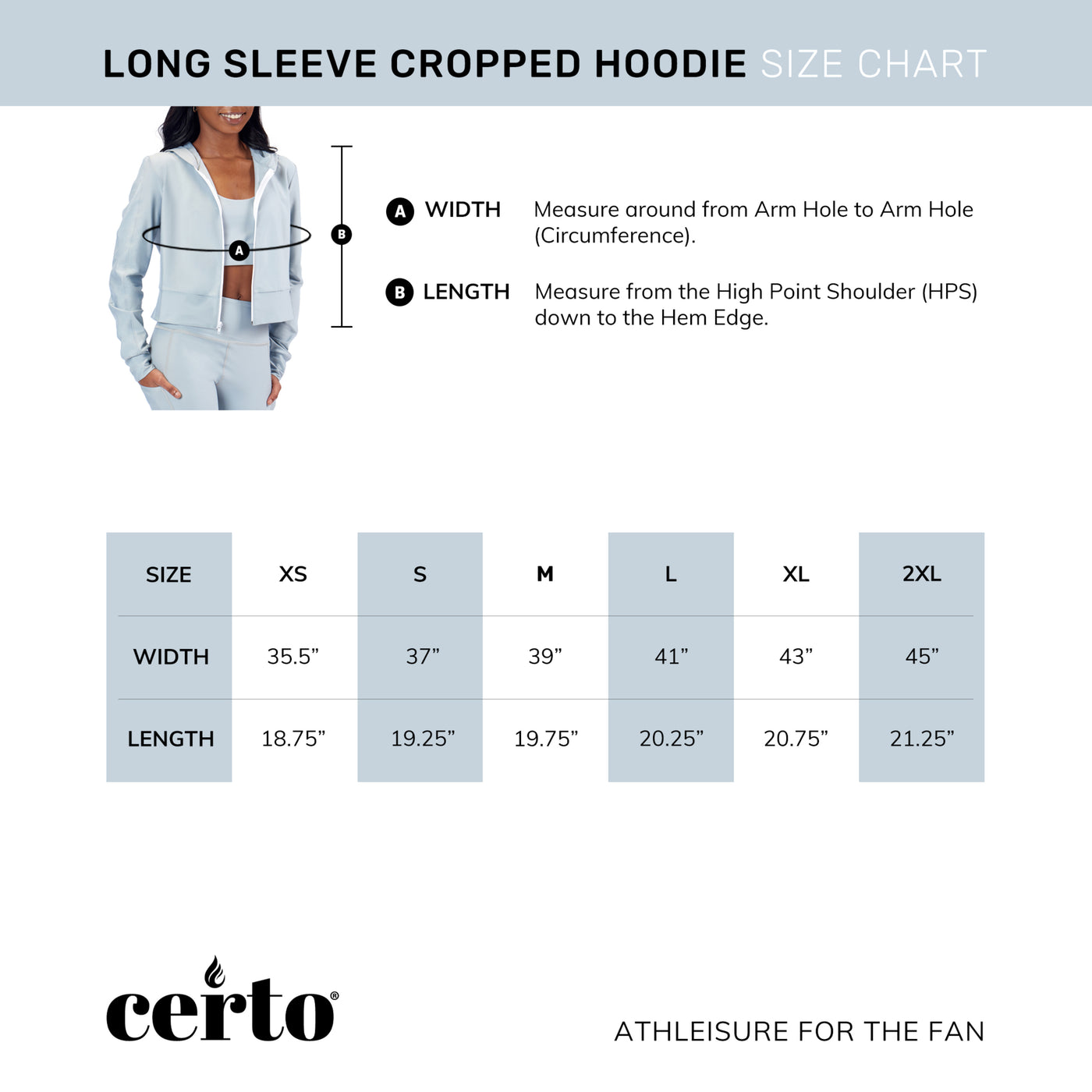 ASU Crop Zip Hoodie size chart for sizes XS through 2XL