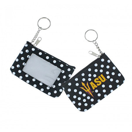 ASU black and white polka dot coin purse. Features gold and maroon pitchfork beside gold ASU text on one side. Opposite side features a clear plastic window. 