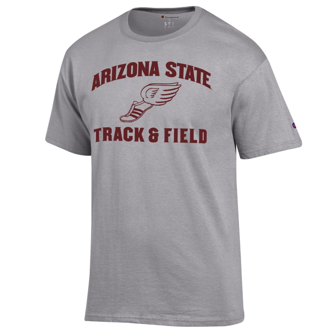 ASU gray champion tee with Arizona State Track and field written around track shoe with wing on chest.