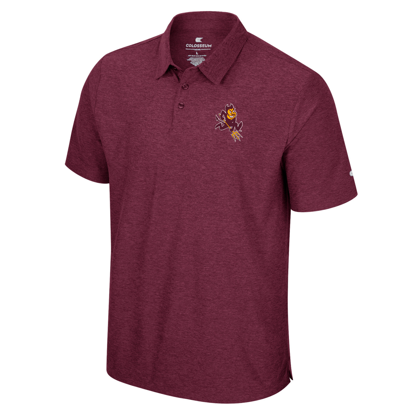 ASU maroon polo with sparky logo embroidered on the left chest pocket area. 