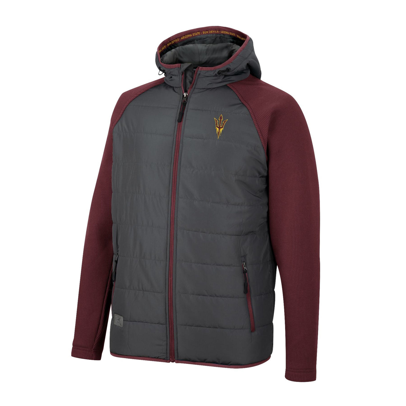 ASU grey and maroon jacket featuring a puffer like body and slim sleeves. Pitchfork path in maroon and gold is on the chest. 