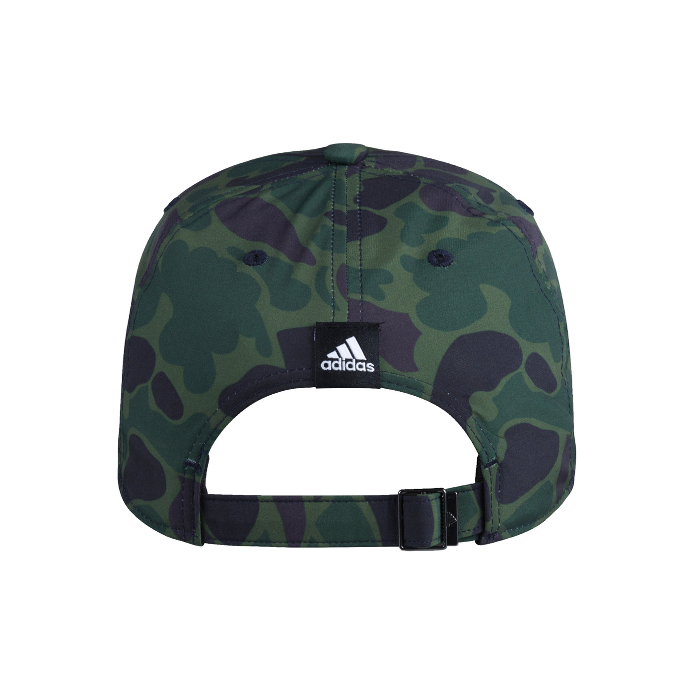 Back of green camo Adidas hat with adjustble strap