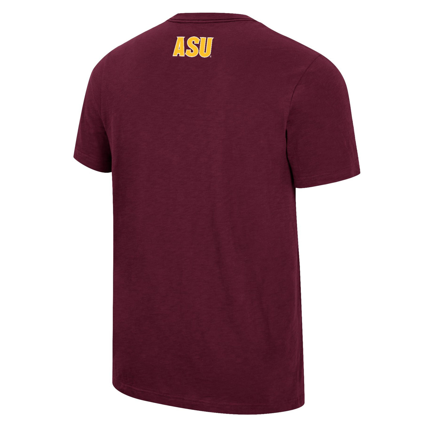 Backside of ASU maroon t-shirt with the small ASU logo