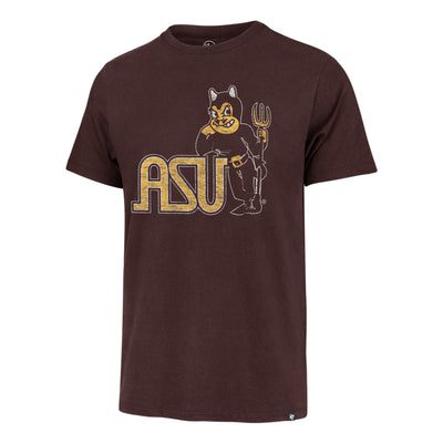 ASU maroon tee with asu text in gold. Features vintage sparky leaning on it's arm over the U