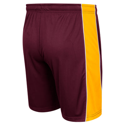 Backside of ASU mens maroon short with the gold stripe along the side.