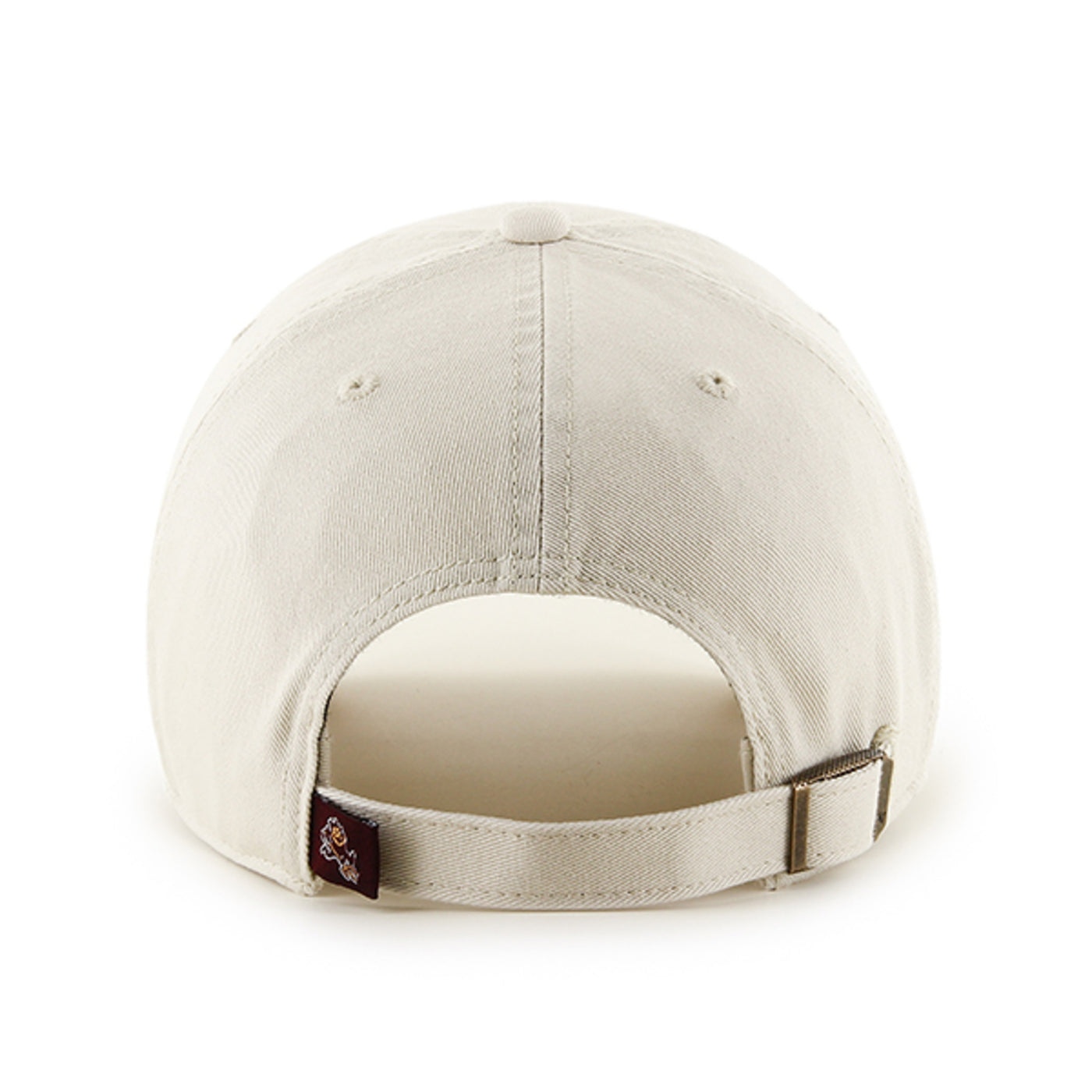 ASU cream colored adjustable hat with brass button closure and a maroon Sparky tag at the base