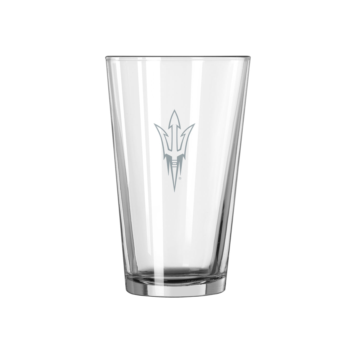 ASU pint glass with white pitchfork outline on the front