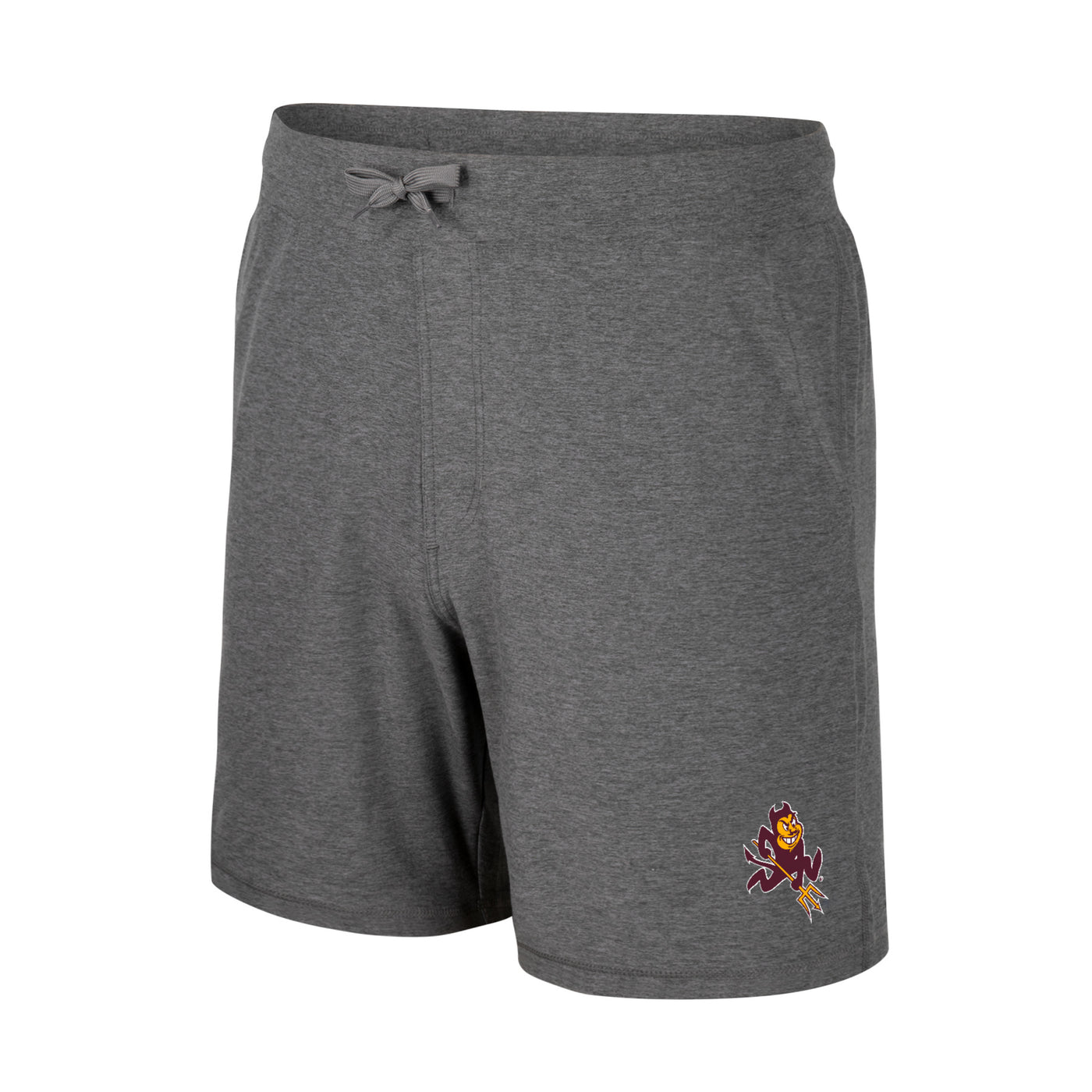 Mens grey athletic shorts with sparky mascot on bottom corner.