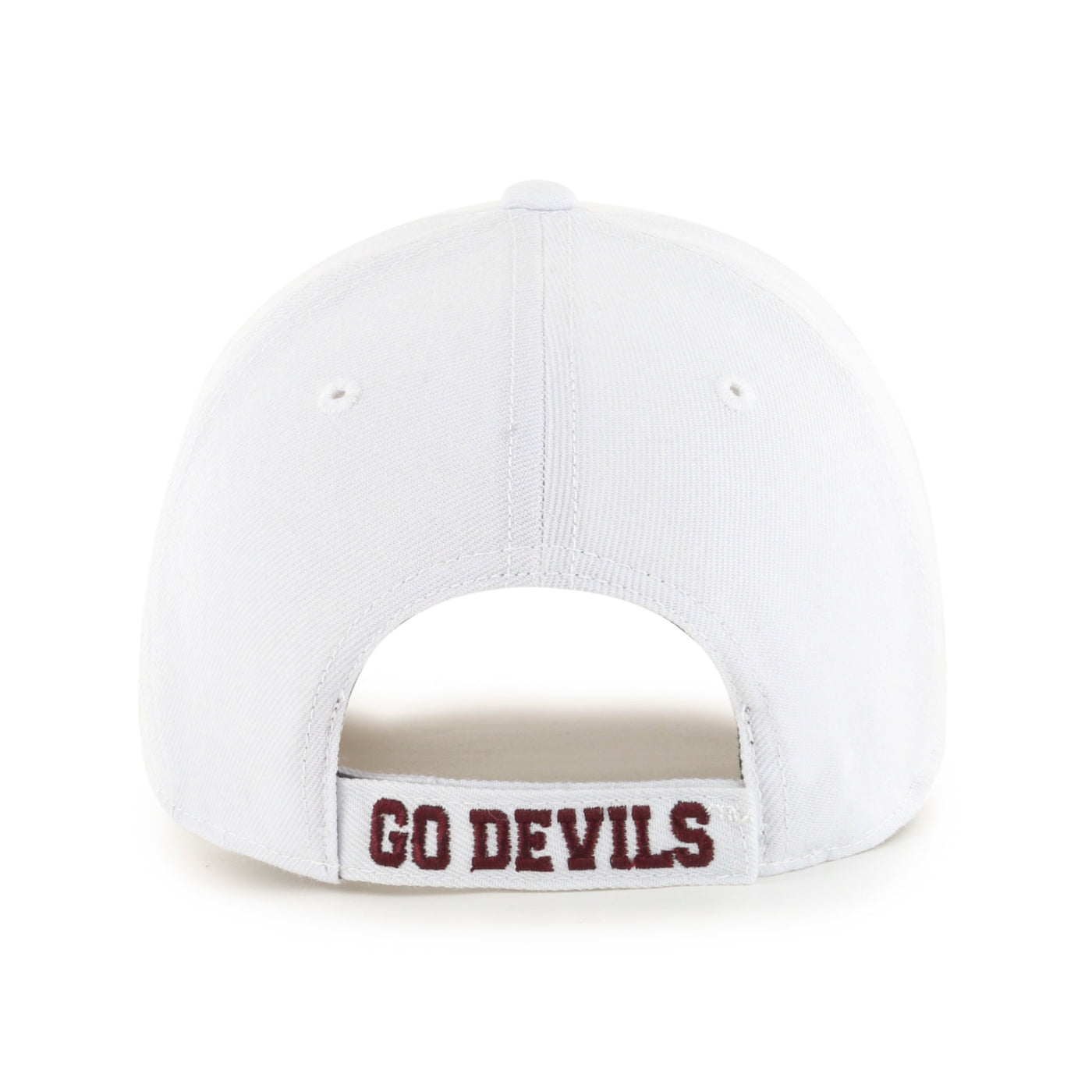 Back of ASU white hat with 'Go Devils' on the adjustable velcro strap