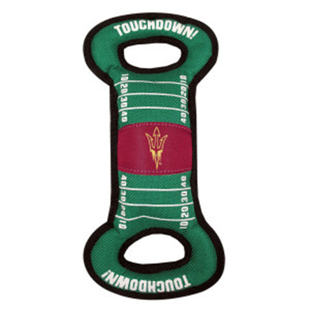ASU green dog toy with two handles saying 'Touchdown' on both sides a football field print and maroon stripe down the middle with a pitchfork