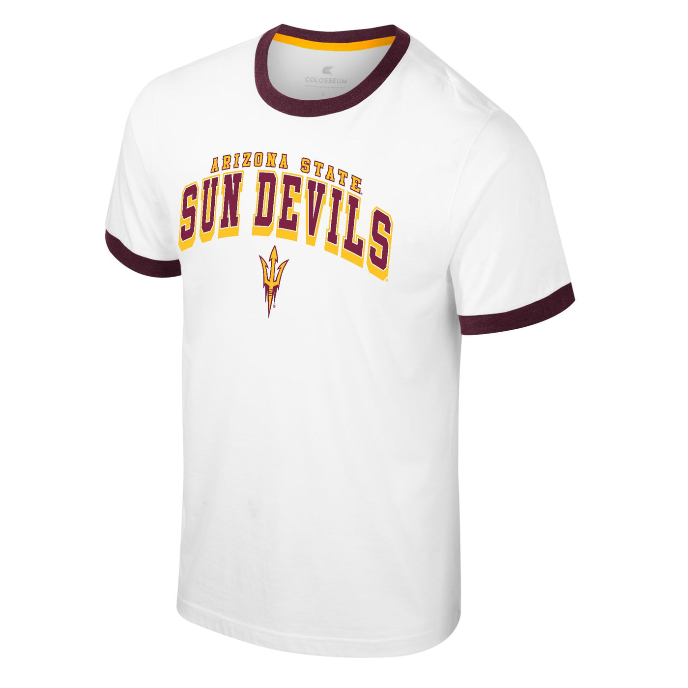 ASU white t-shirt with a maroon trim. The text 