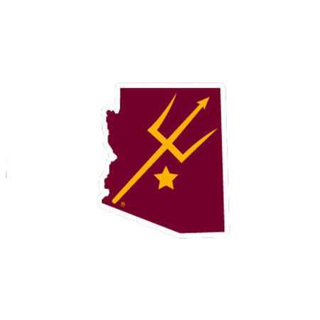 ASU mini decal of the state of Arizona with gold pitchfork and star inside