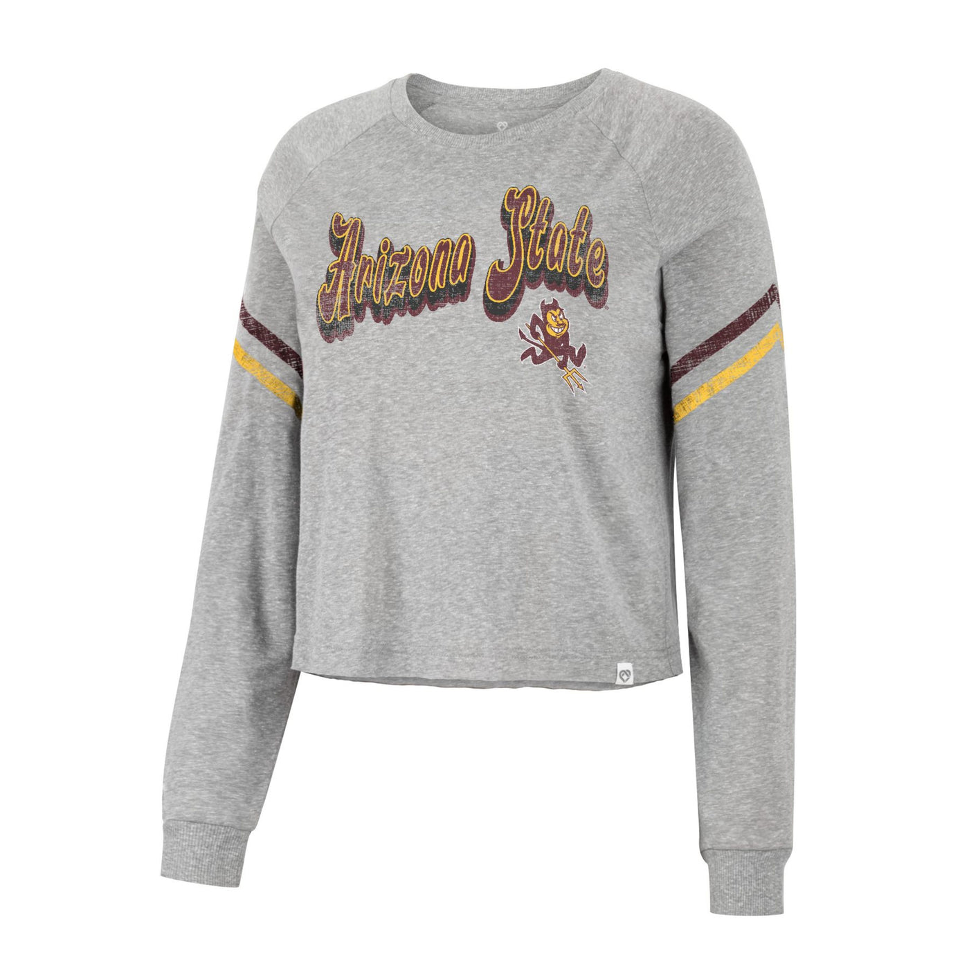 ASU grey cropped long sleeve. Features Arizona State text in maroon and gold in 70s like font. Also features a small sparky logo. 