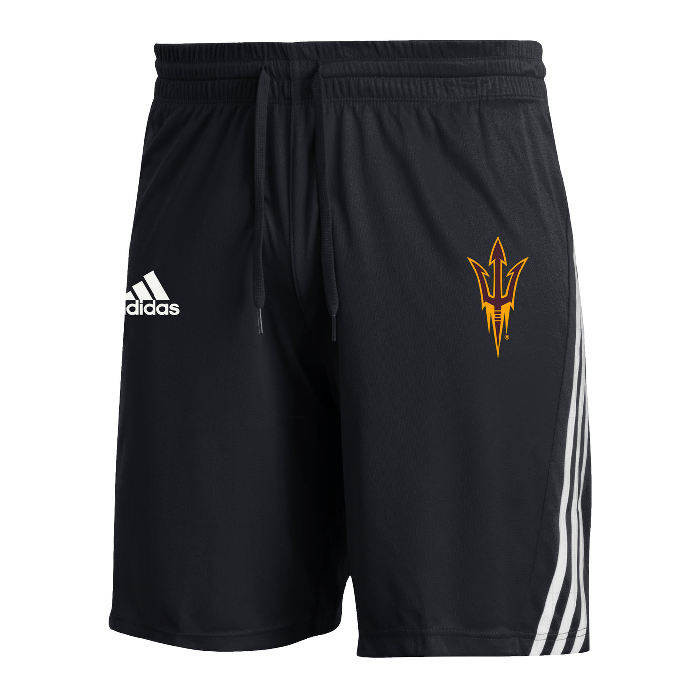ASU black drawstring shorts with pitchfork and 3 white stripes onthe left leg