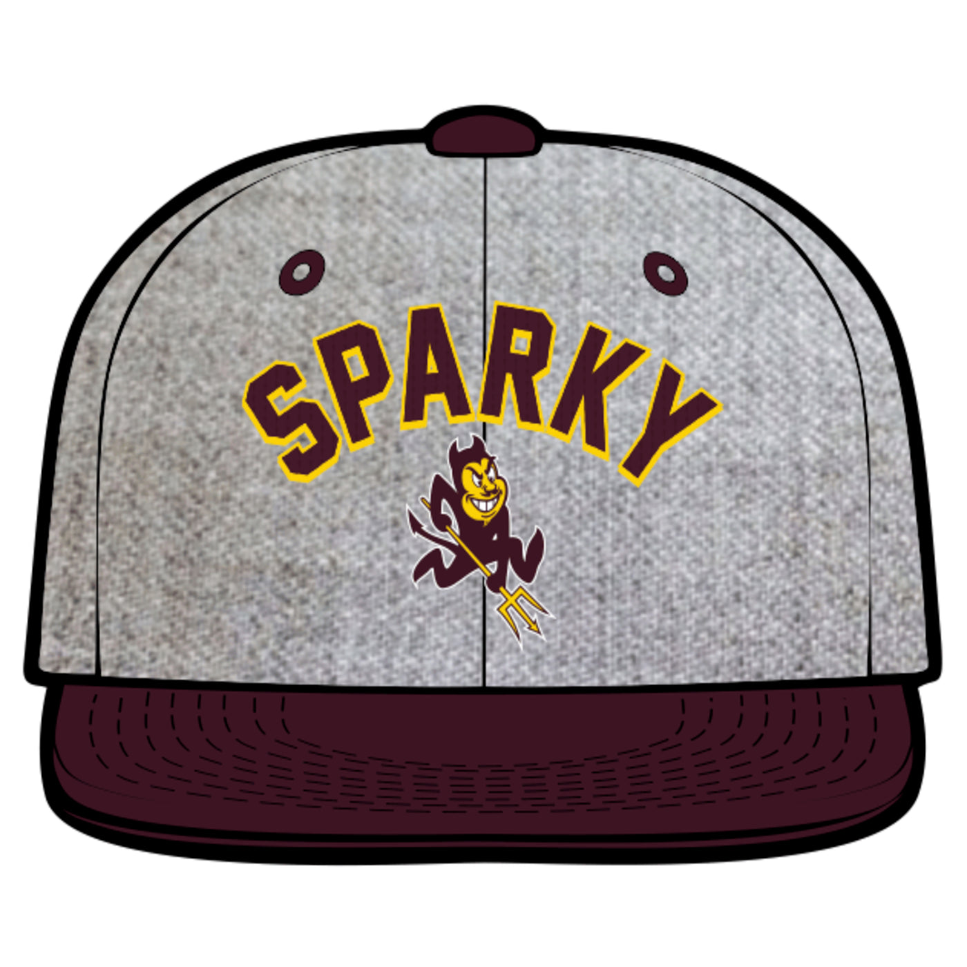 ASU gray and maroon snapback hat with flat brim 'Sparky' lettering above a Sparky logo