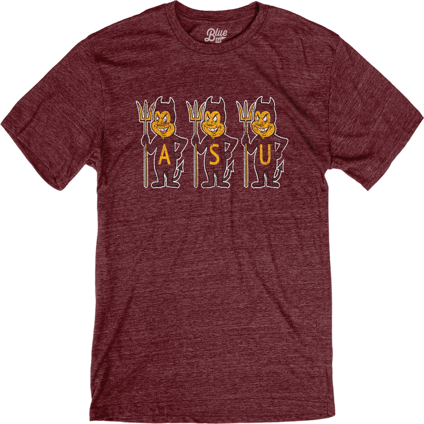 ASU maroon tee with 3 Sparkys standing next to each other with 'ASU' letters on their tummies