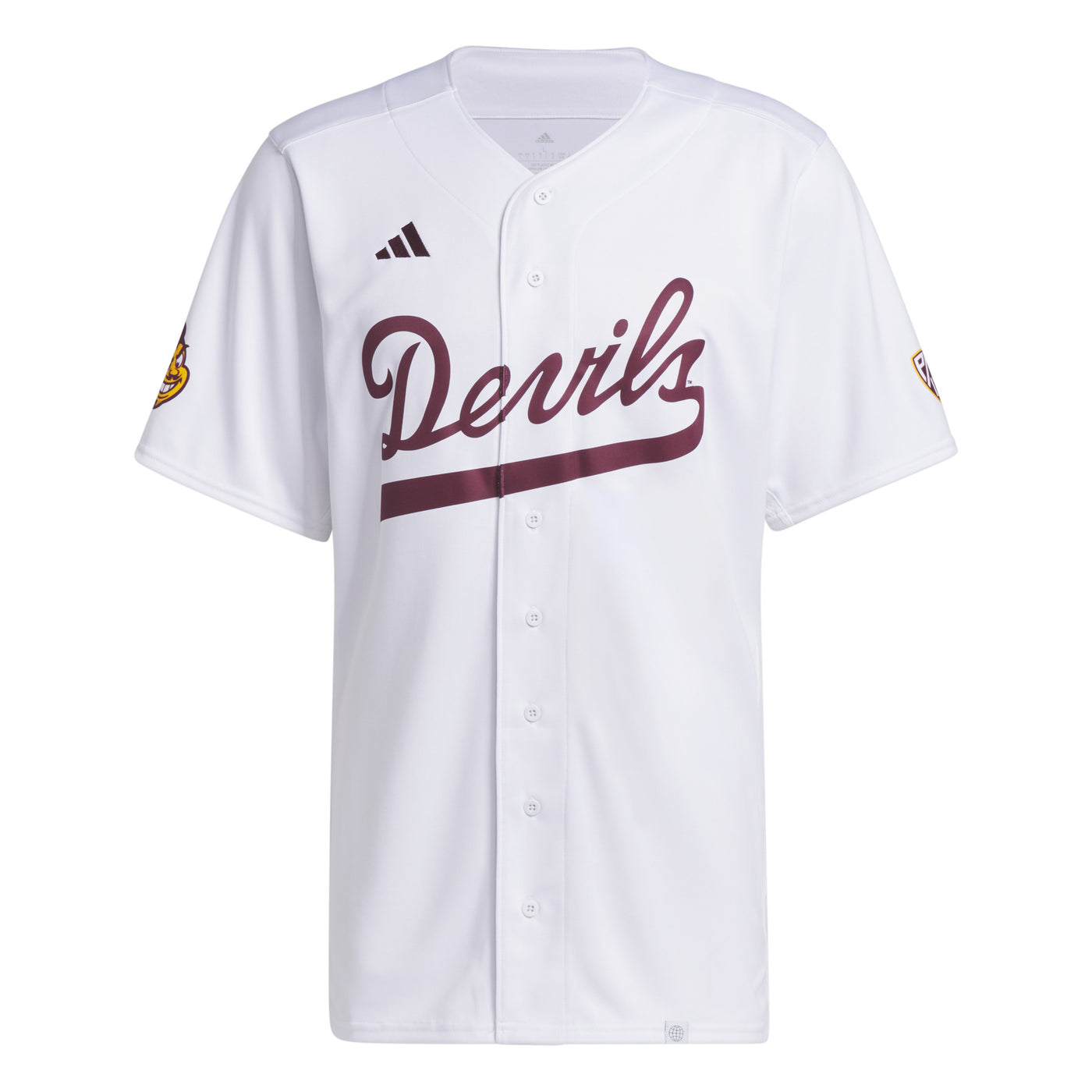 ASU white baseball button up jersey with 'Devils' lettering across the chest