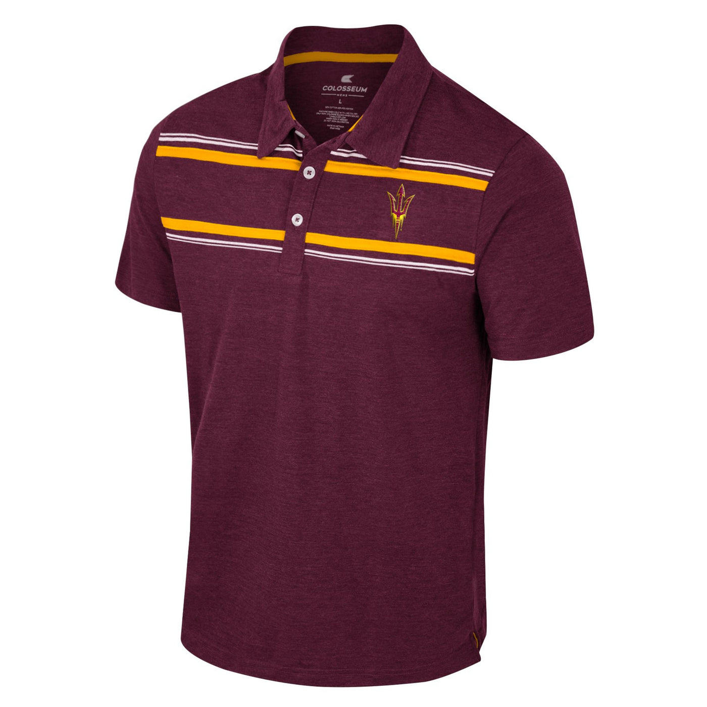 ASU maroon mens Polo with a series of gold and white stripes along the chest. In between the two stripe patterns is a Pitchfork logo on one side of the chest.