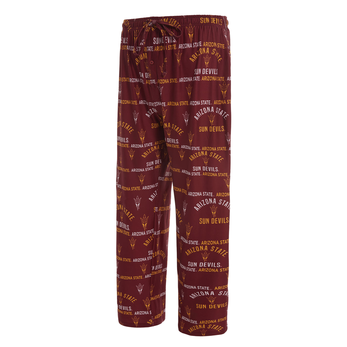ASU maroon pajama pants with a maroon drawstring abd Arizoona State Sun Devils designs repeating down the legs