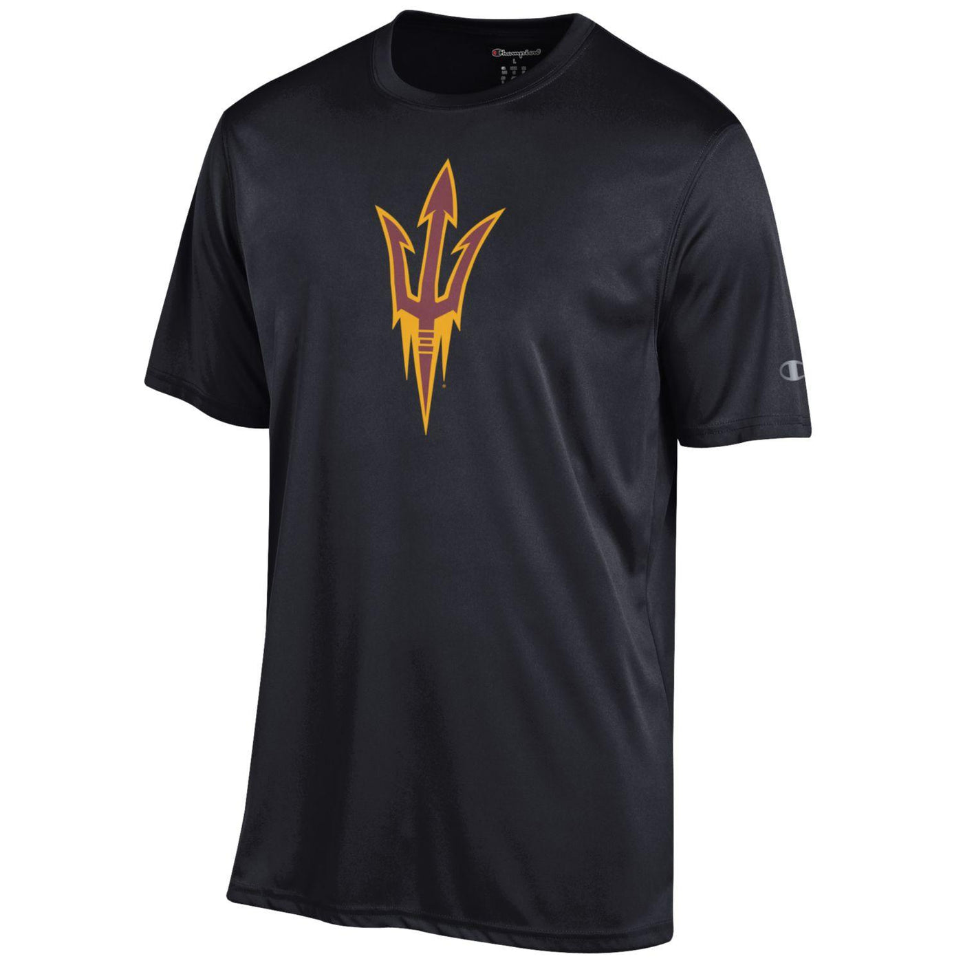 ASU black athletic tee with pitchfork in maroon and gold