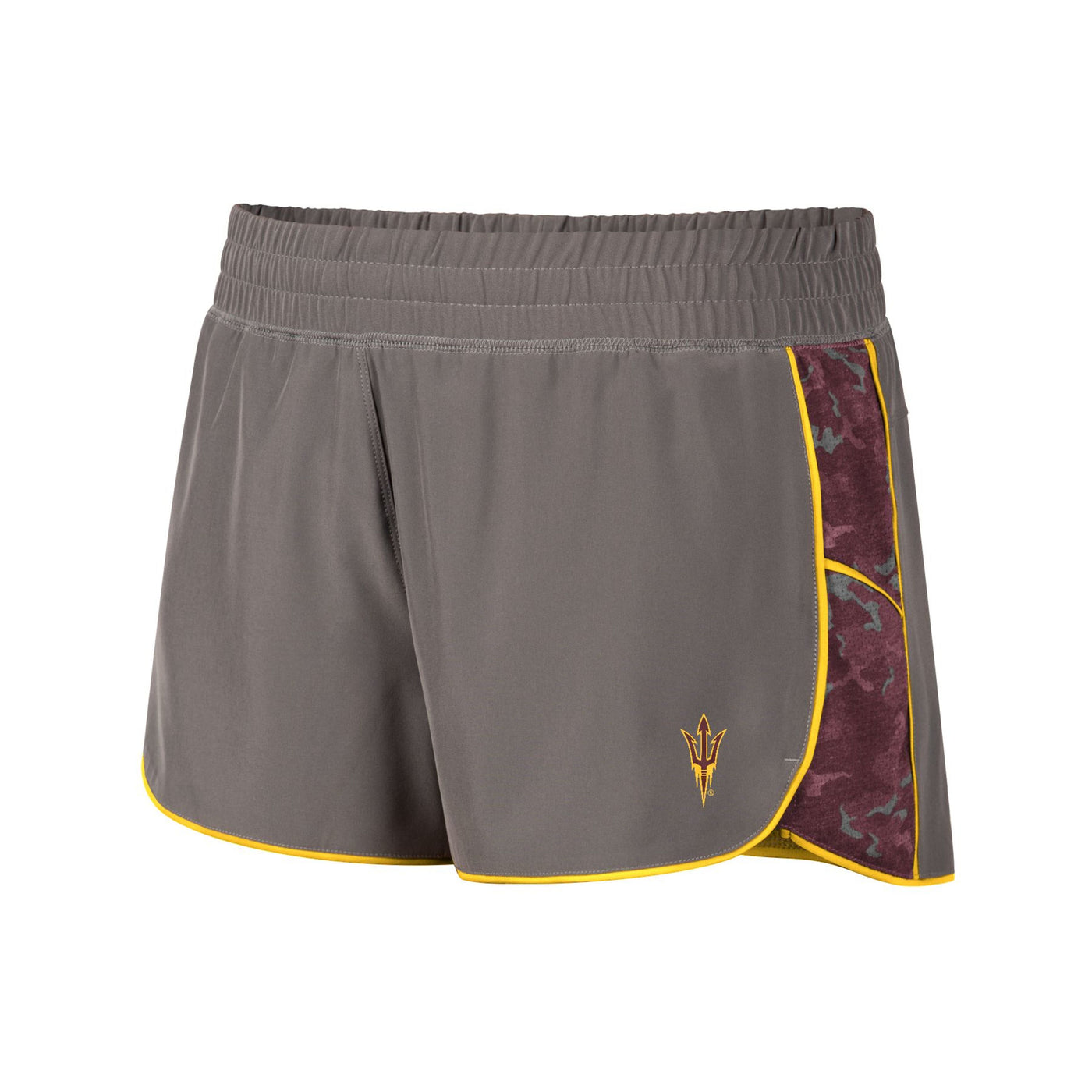ASU gray shorts with maroon camo stripe and a pitchfork on the leg