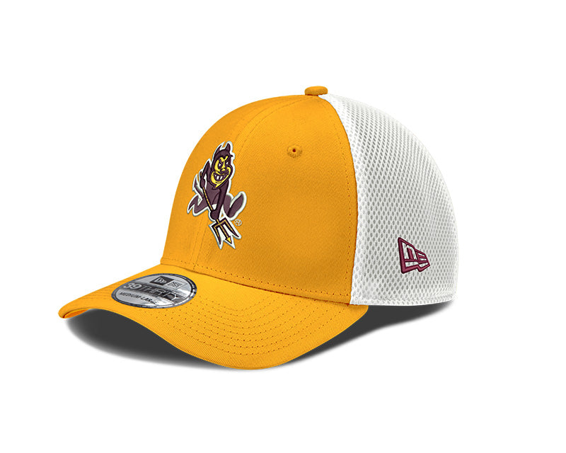 Left profile of ASU gold hat with white mesh back and Sparky