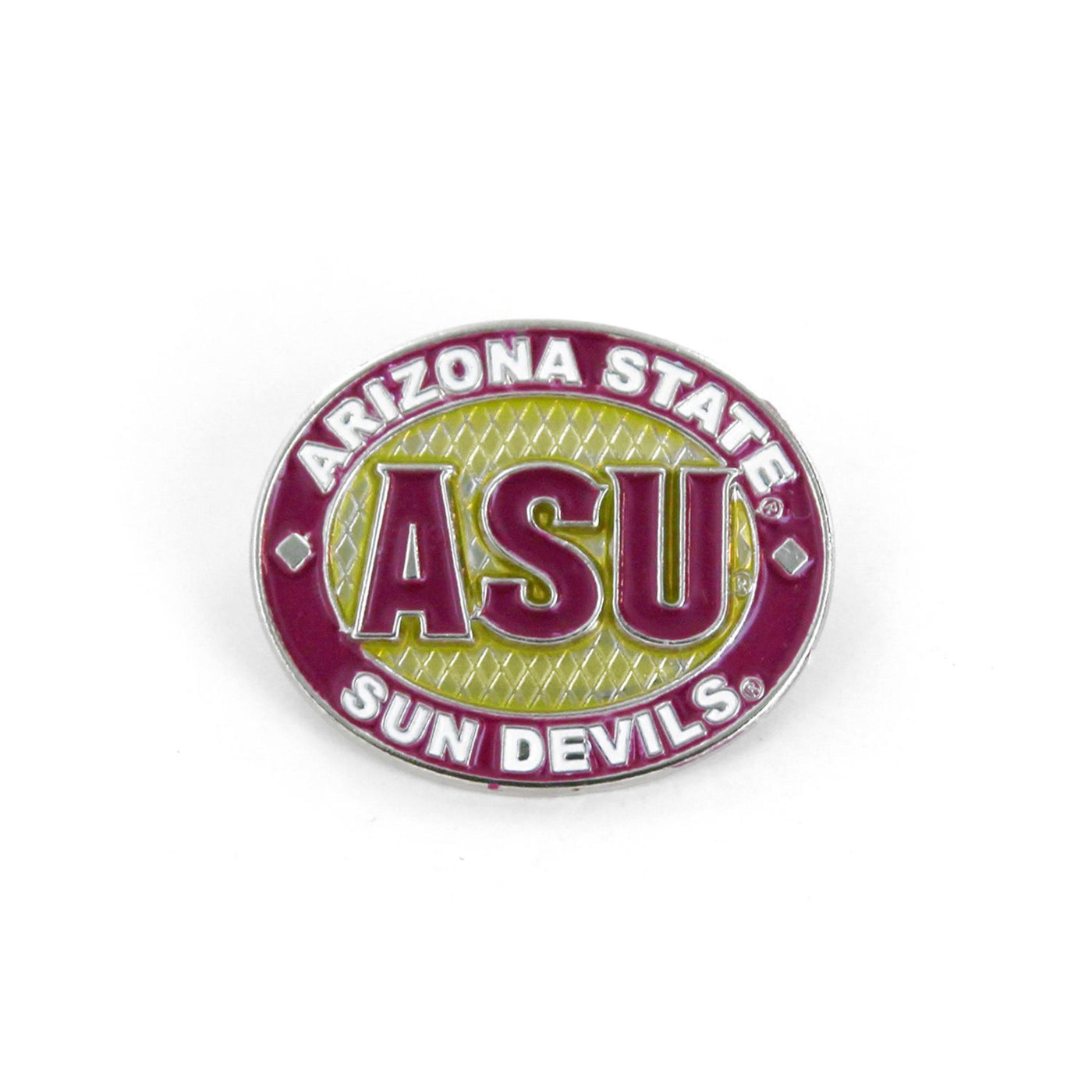 ASU oval Pin with a maroon border. Within the border is the text 