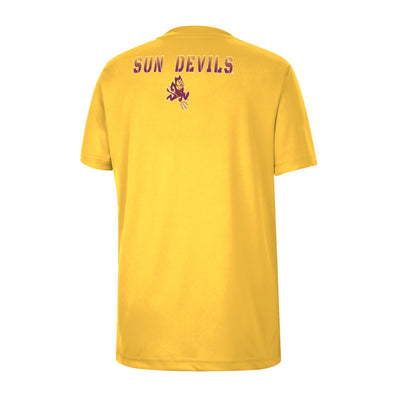 Back view of ASU gold youth tee with "Sun Devils' above Sparky