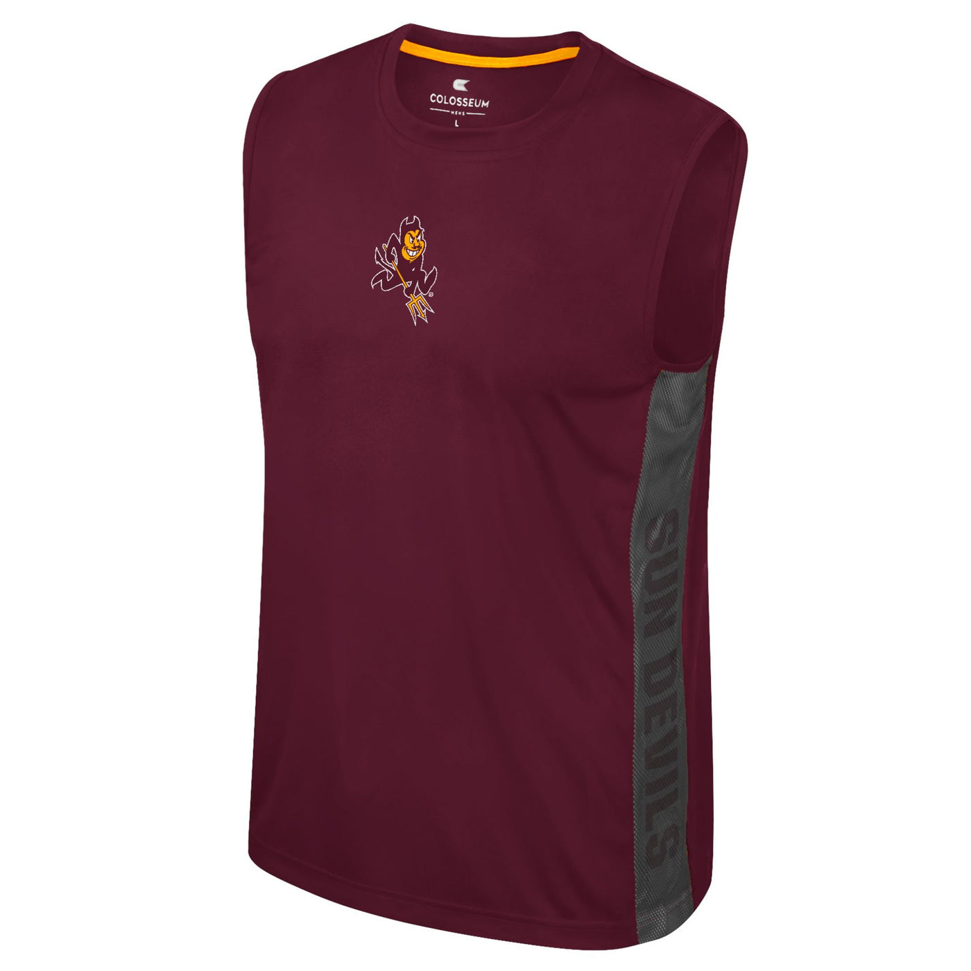 ASU maroon mens sleeveless shirt with a small sparky mascot on the front of the chest. down the side below the armpit therre is a mesh material overlapping the maroon text 