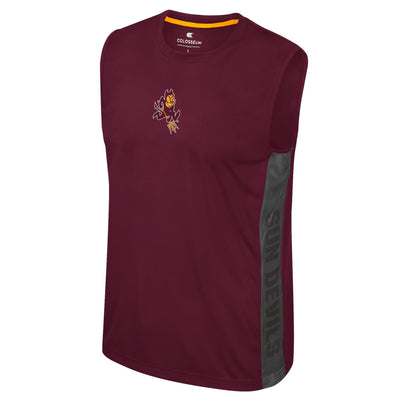 ASU maroon mens sleeveless shirt with a small sparky mascot on the front of the chest. down the side below the armpit therre is a mesh material overlapping the maroon text "Sun Devils"