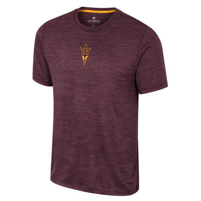 ASU maroon athletic t-shirt with small gold pitchfork outline on chest.