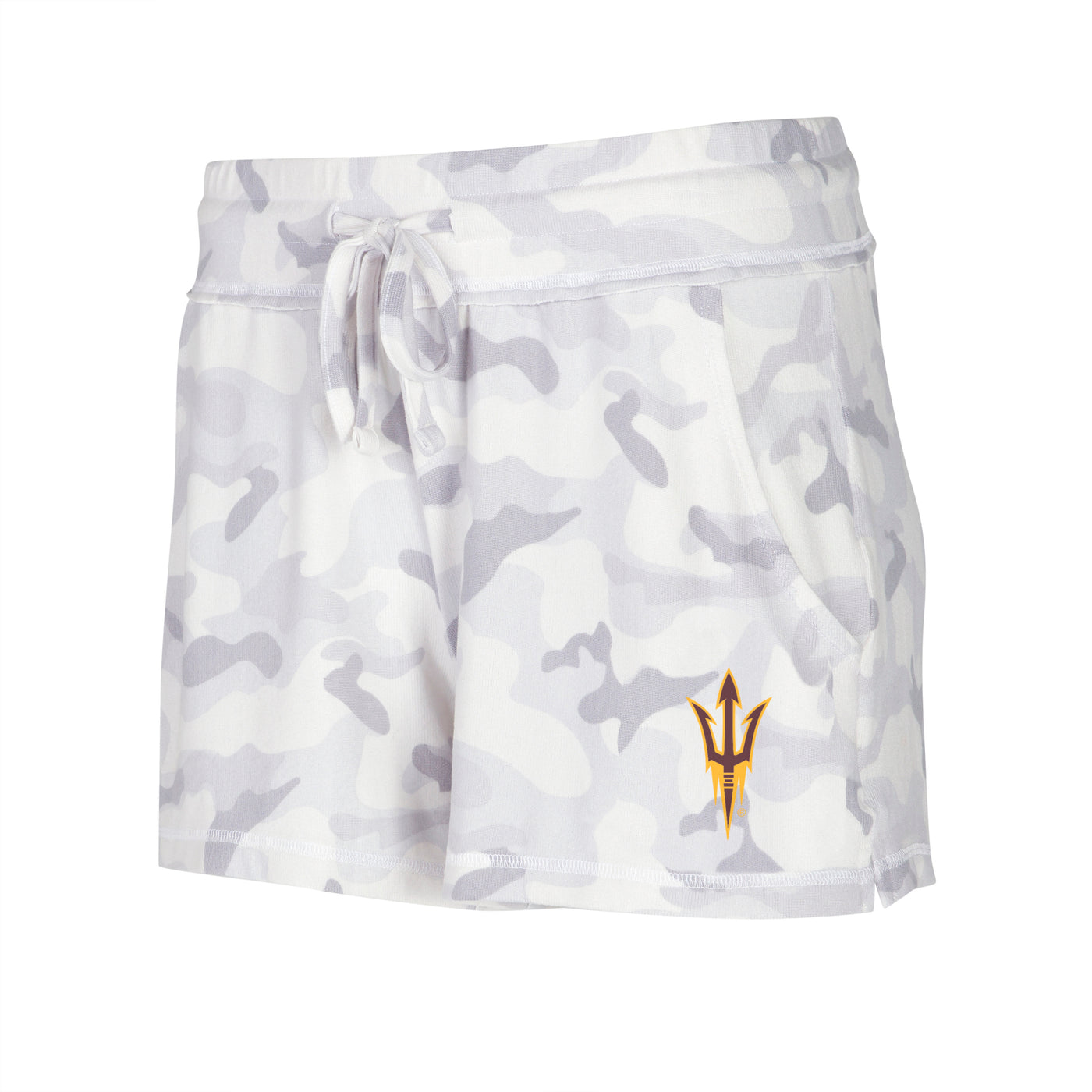 ASU white women's shorts with gray camo print, drawstring, and a pitchfork on the bottom on the leg