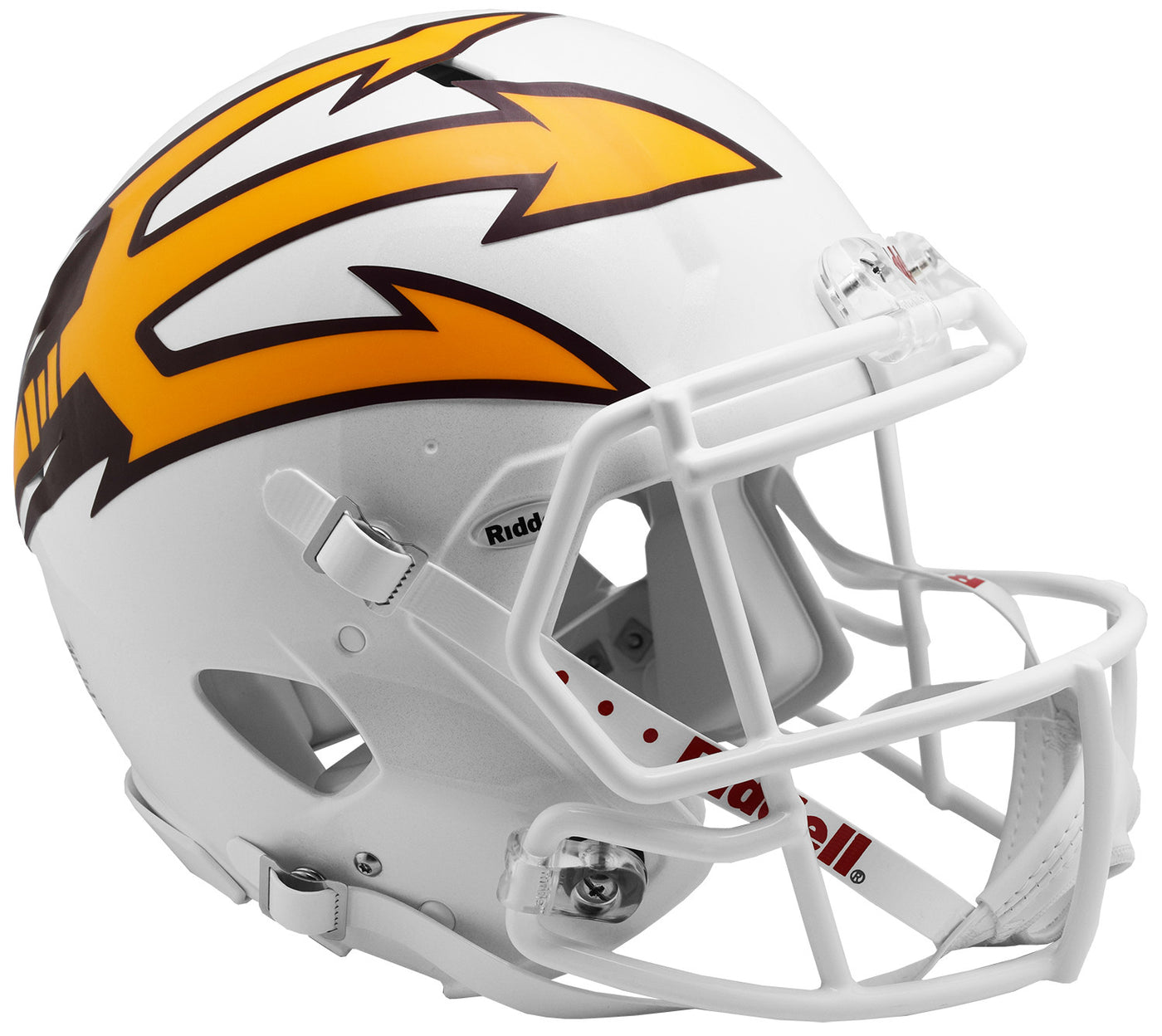 ASU authentic football helmet in white with gold pitchfork on the right side